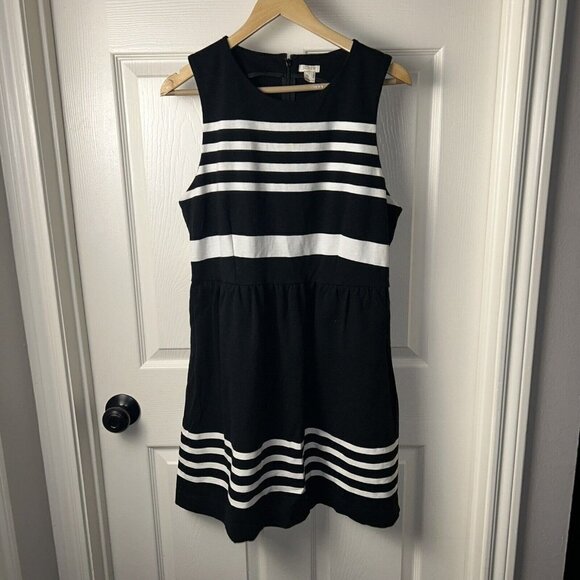 J. Crew Daybreak Black White Striped Sleeveless A-Line Round Neck Dress Large - Picture 2 of 11
